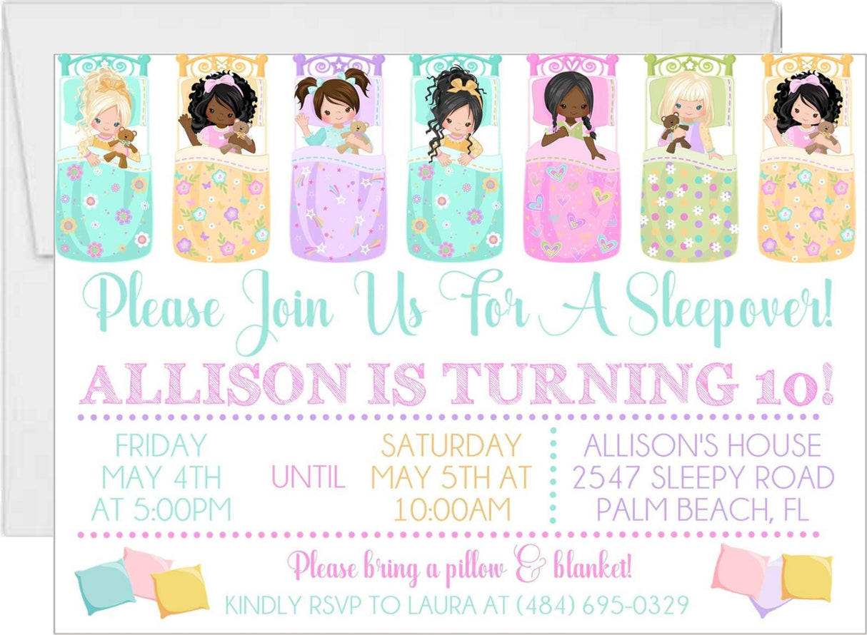 sleepover birthday party invitations pastel pajama design