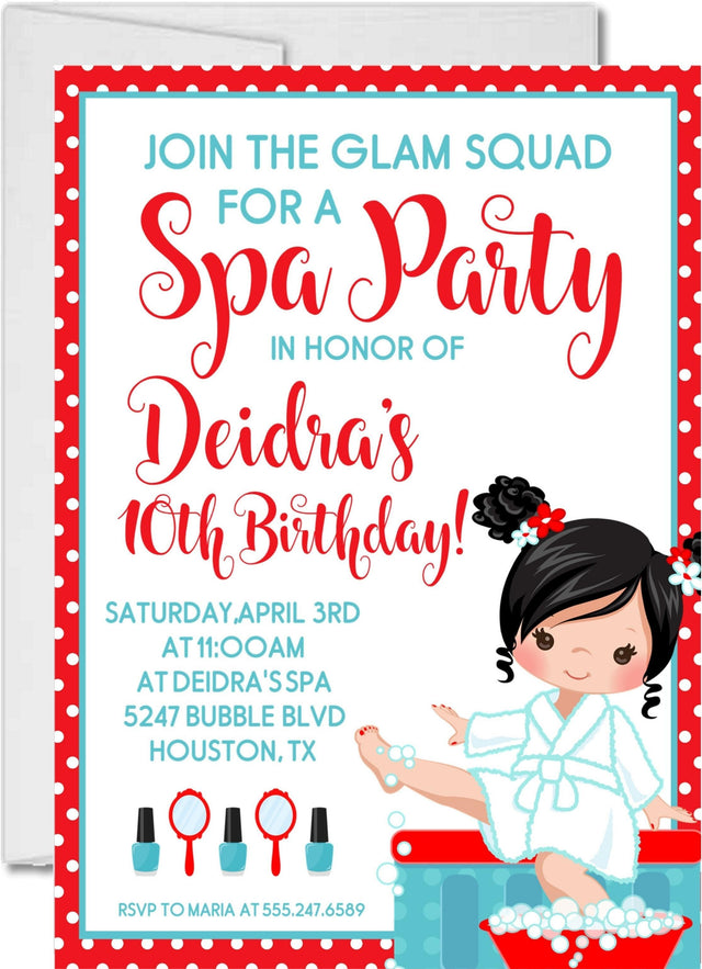 spa birthday party invitations red teal pamper design