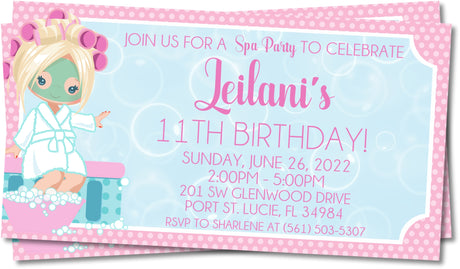 spa ticket birthday invitations beauty makeover theme