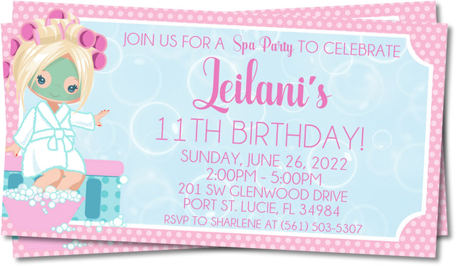 spa ticket birthday invitations beauty makeover theme