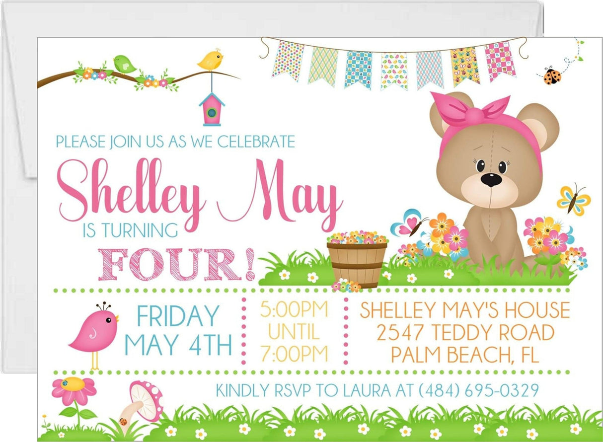 spring teddy bear birthday invitations floral garden design