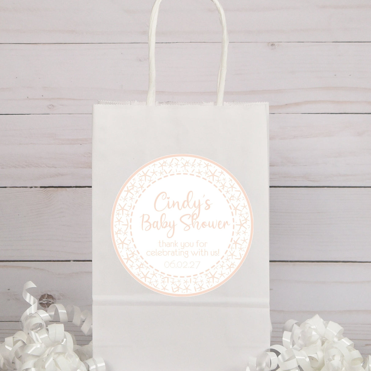 starfish baby shower sticker with soft beach themed design