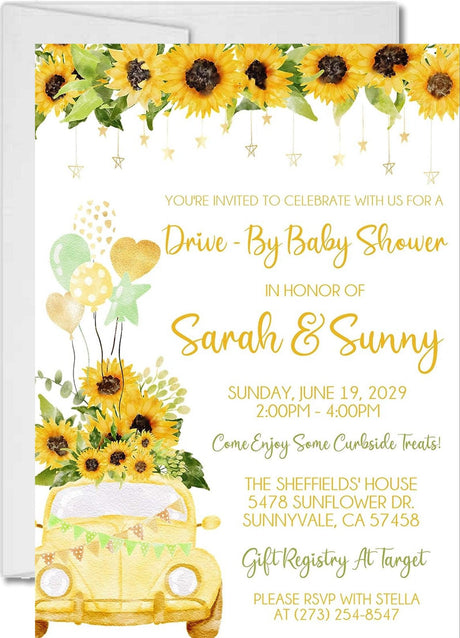 sunflower drive by baby shower invitations rustic theme