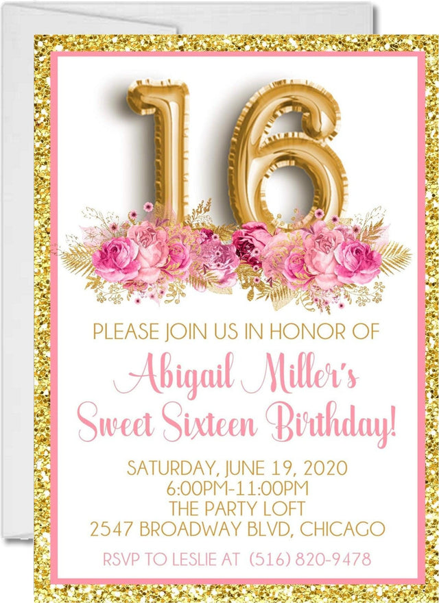 sweet 16 birthday invitations gold balloon floral design