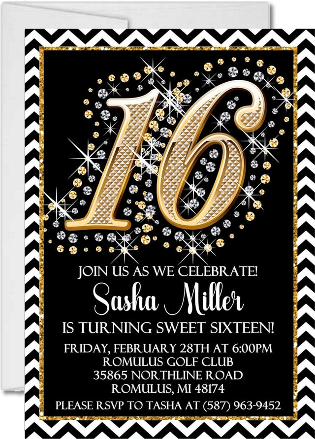 sweet 16 birthday invitations gold glitter number design
