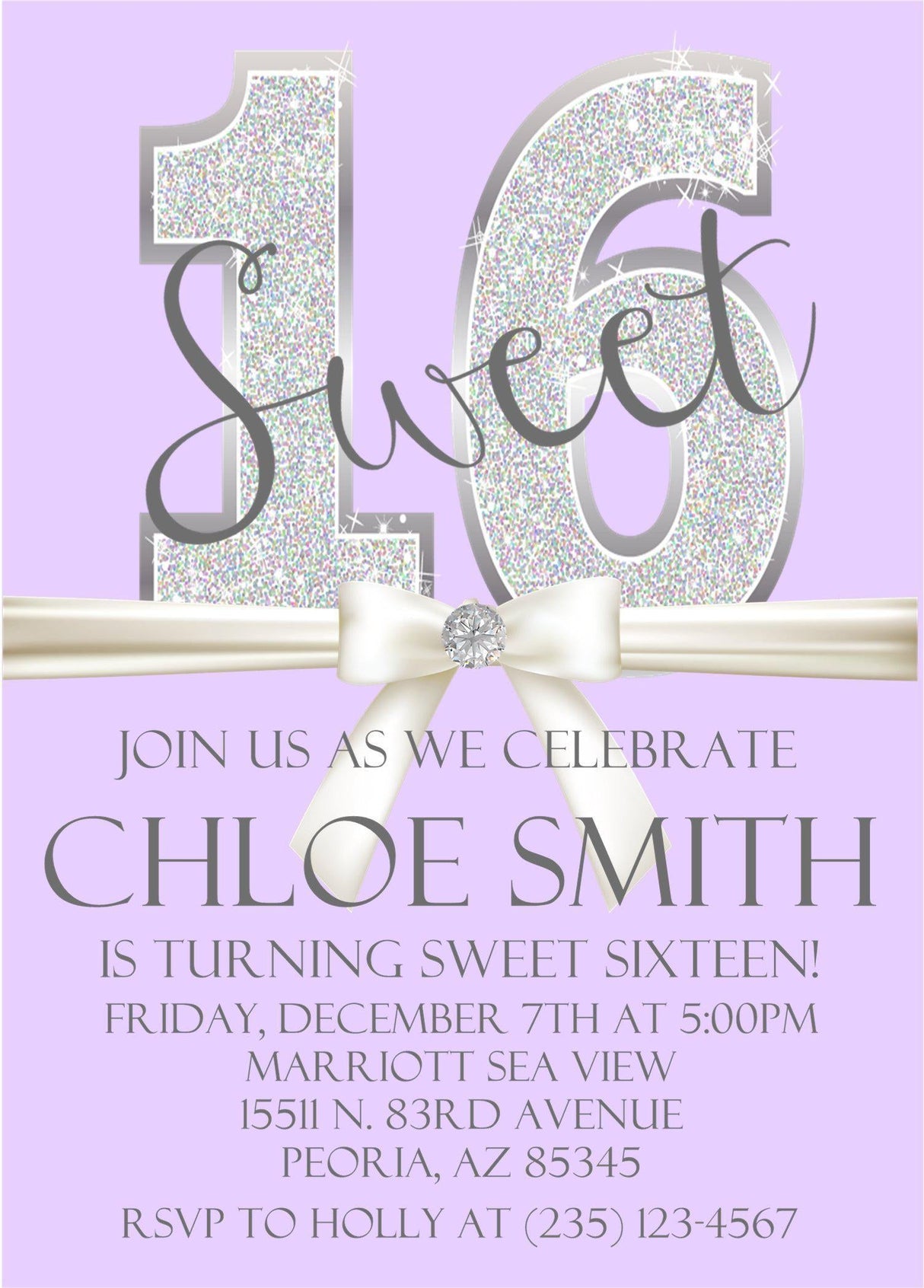 sweet 16 birthday invitations lavender silver glitter design