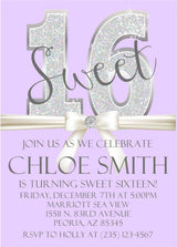 sweet 16 birthday invitations lavender silver glitter design