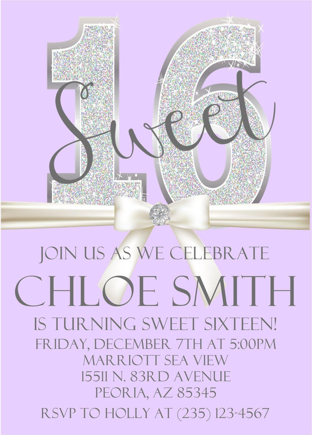 sweet 16 birthday invitations lavender silver glitter design