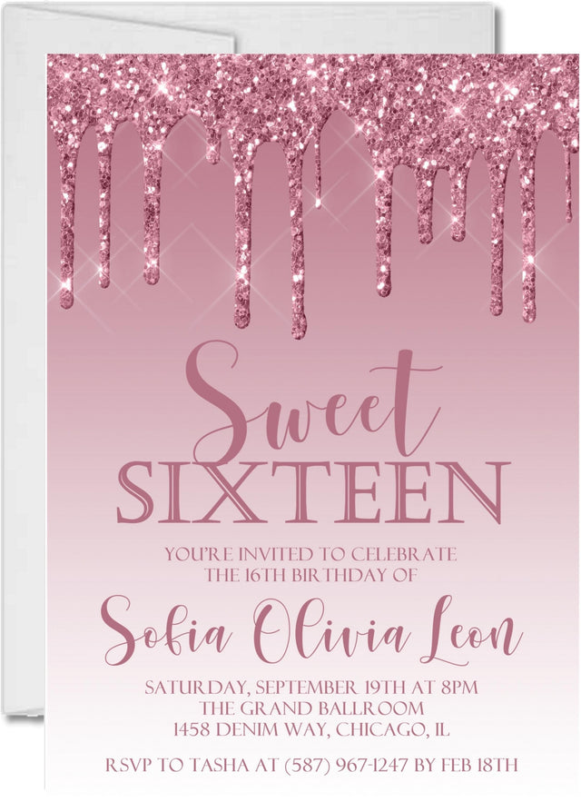 sweet 16 invitations pink ombre drip design