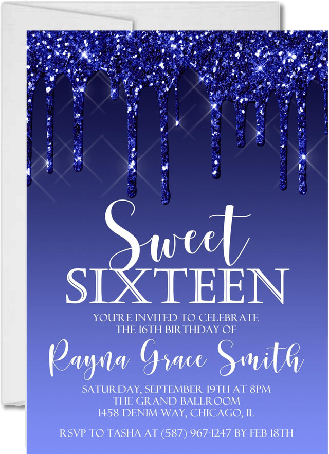sweet 16 invitations royal blue drip design