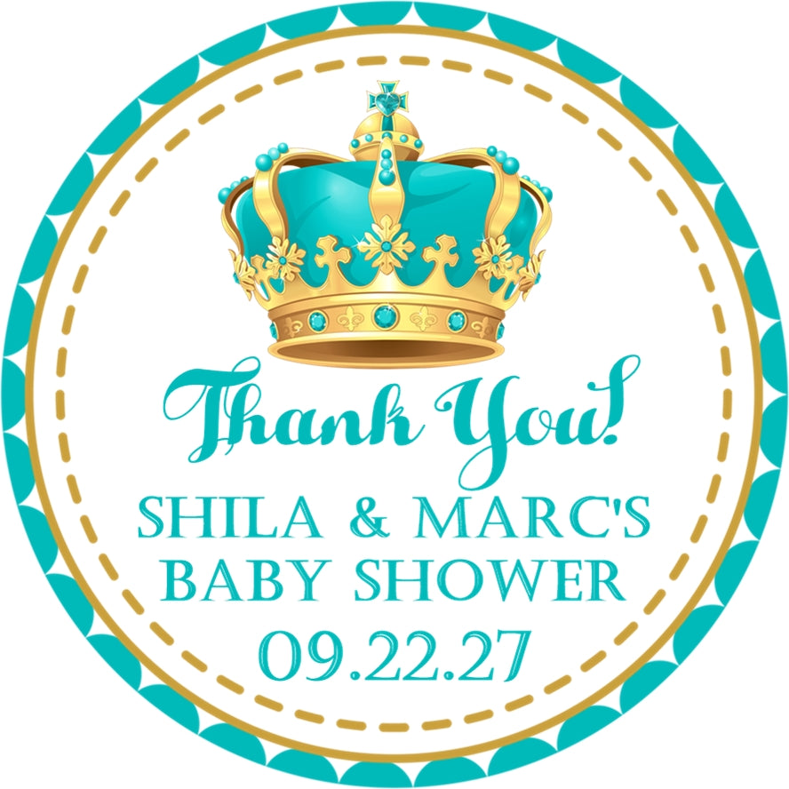 teal and gold crown baby shower sticker with ornate crown and baby shower thank you wording
