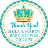 teal and gold crown baby shower sticker with ornate crown and baby shower thank you wording