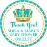 teal and gold crown baby shower sticker with ornate crown and baby shower thank you wording