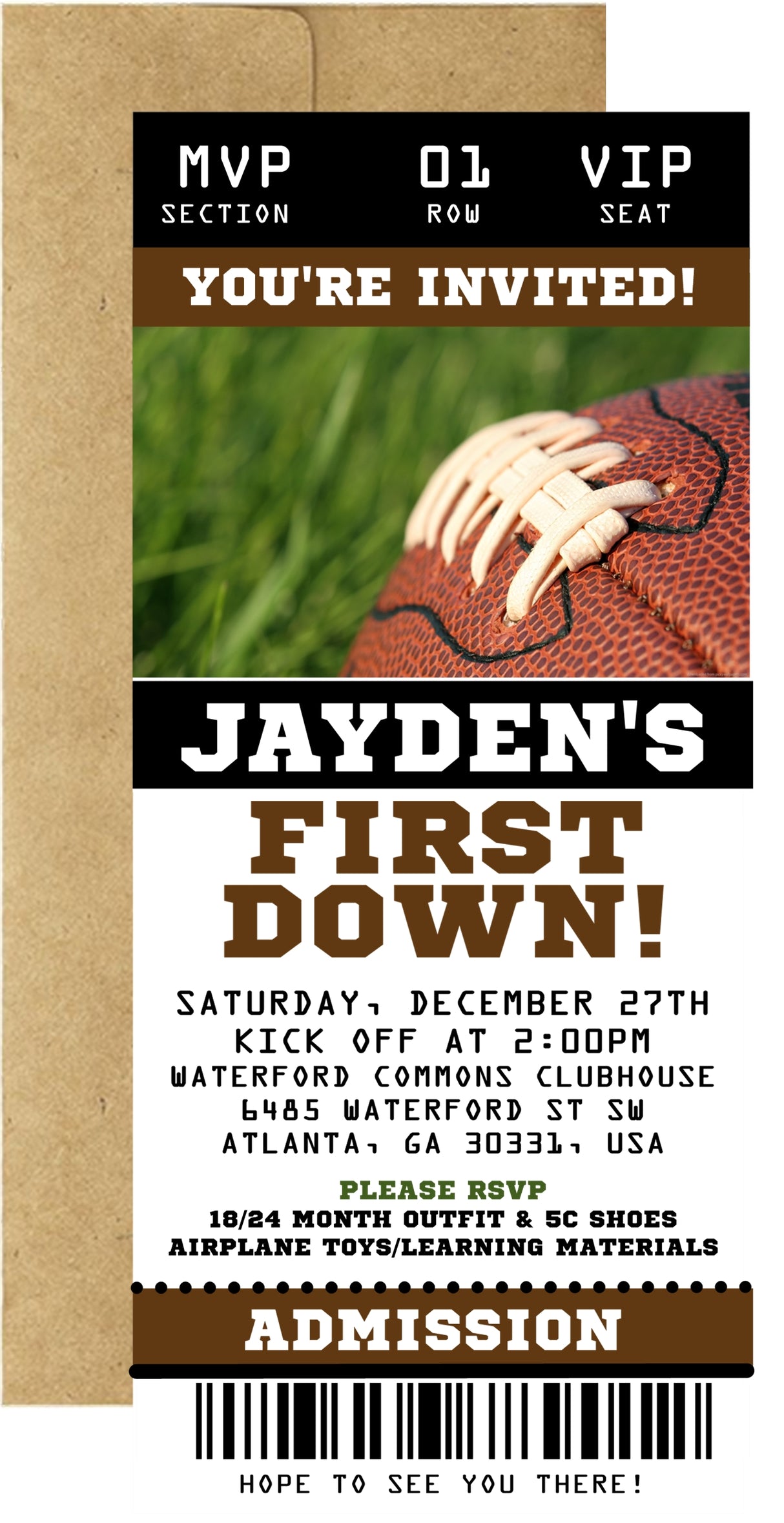 Football Birthday Party Ticket Invitations