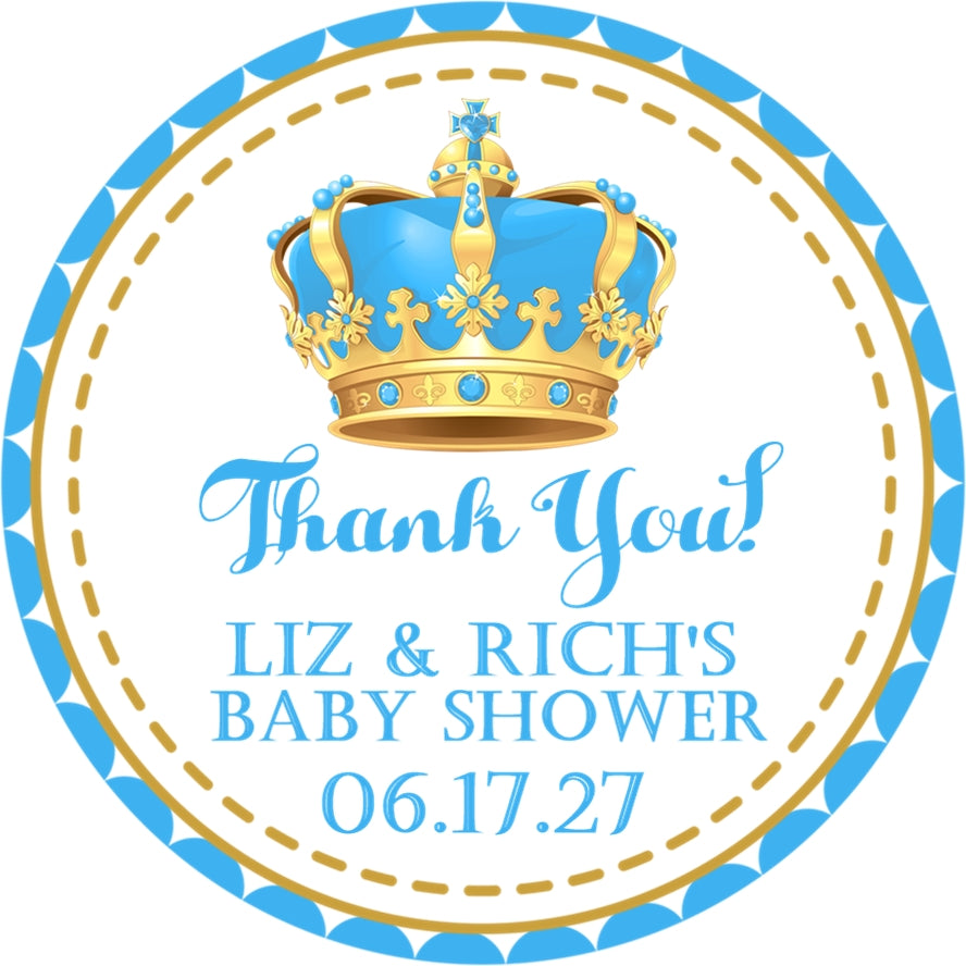 turquoise and gold crown baby shower sticker with ornate crown and personalized event details