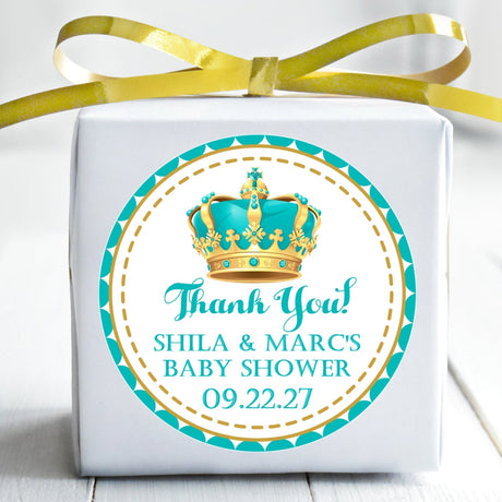 turquoise and gold royal crown baby shower sticker