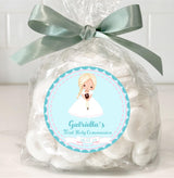 turquoise communion dress favor label