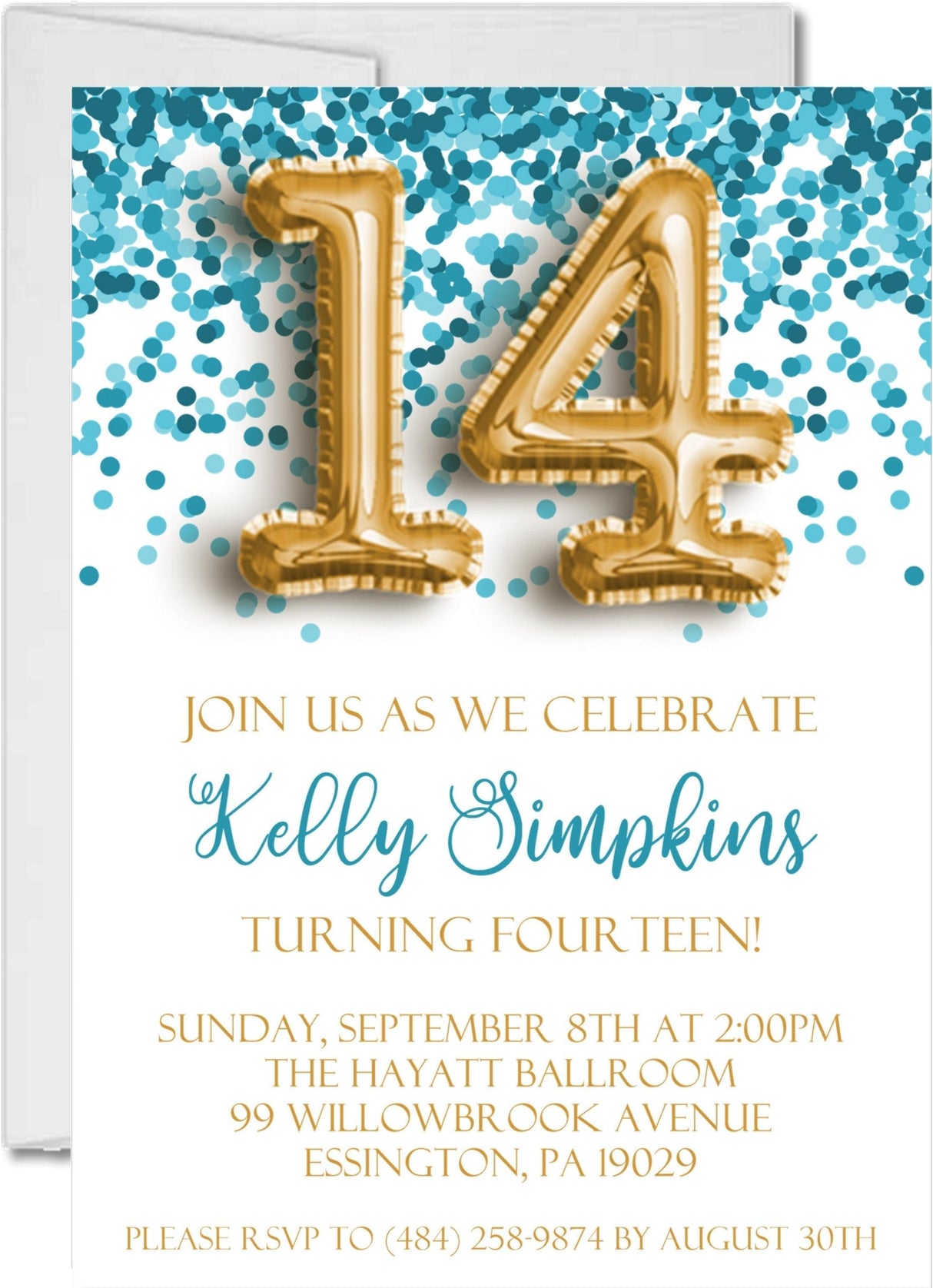 turquoise confetti birthday party invitations gold balloon number design