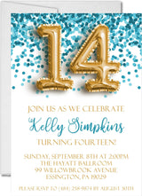 turquoise confetti birthday party invitations gold balloon number design