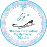 turquoise ice skating birthday sticker with figure skates and snowflake background