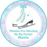 turquoise ice skating birthday sticker with figure skates and snowflake background