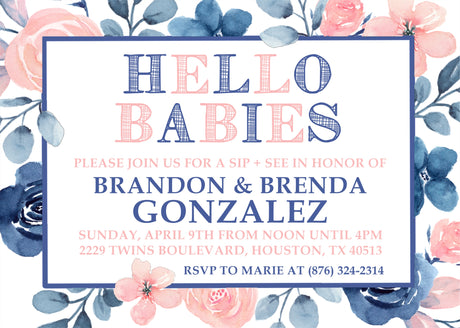 twin sip and see invitations blue blush floral design