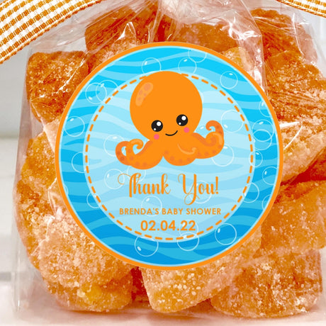under the sea baby shower sticker with orange octopus