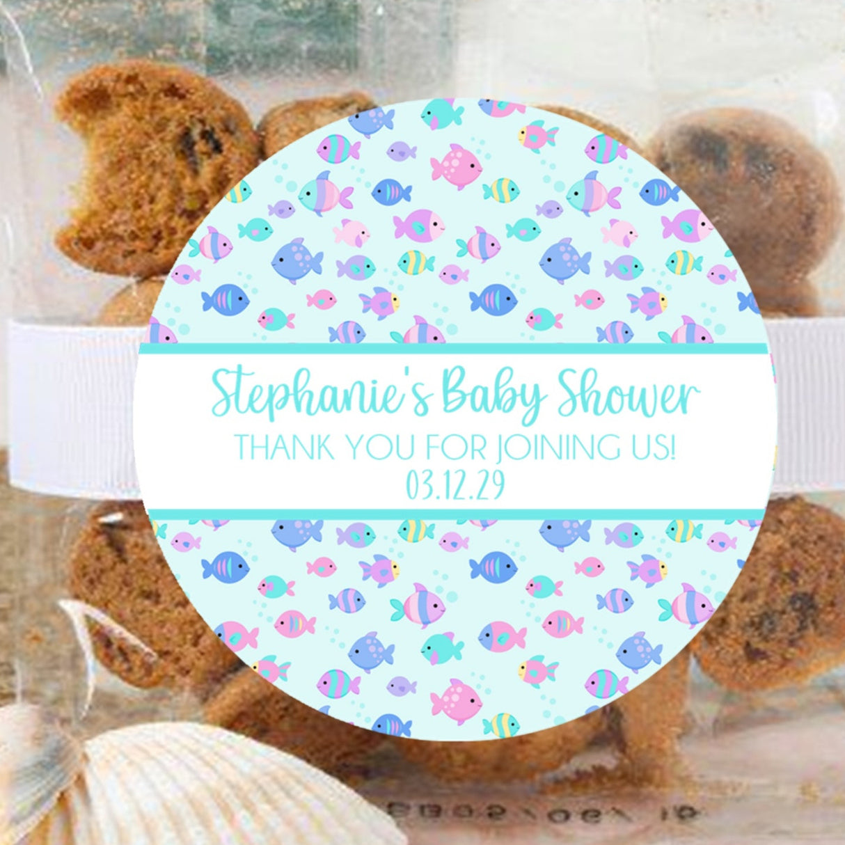 under the sea baby shower sticker with teal lettering