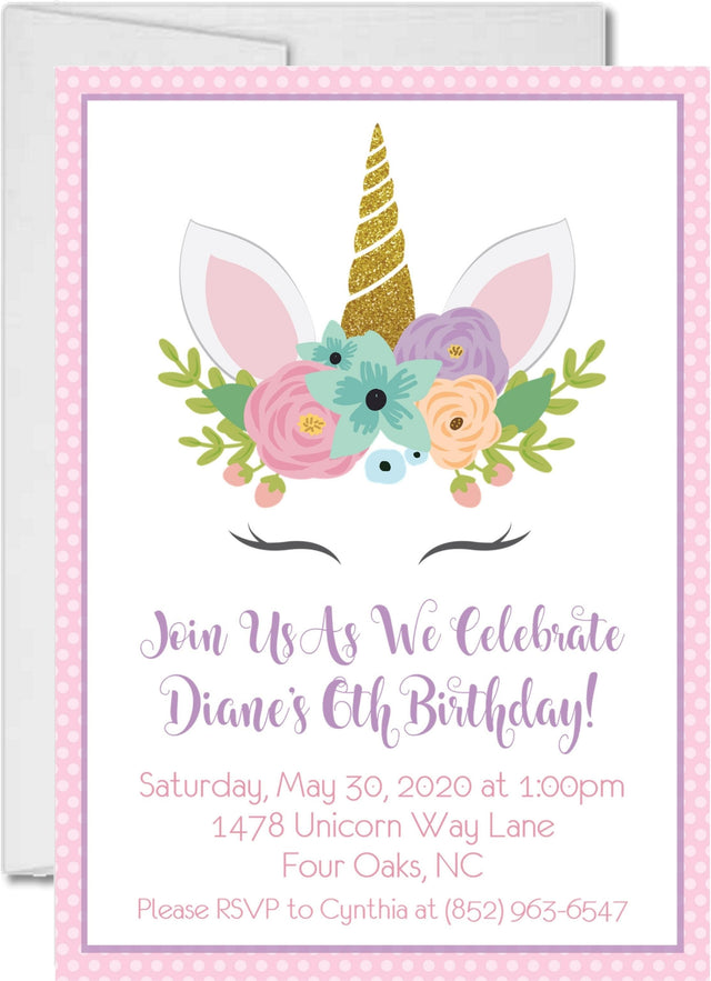 unicorn birthday party invitations floral fantasy design