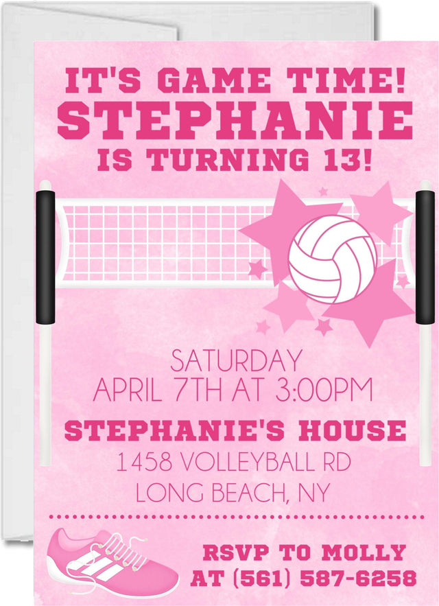 volleyball birthday party invitations pink sports design