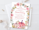 watercolor pink pumpkin baby shower invitations feminine harvest theme