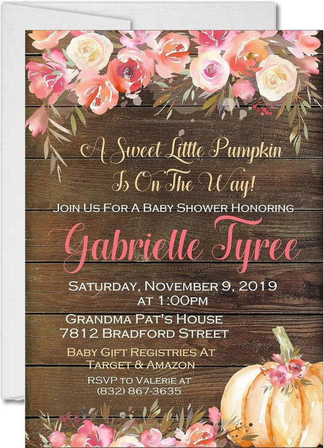 watercolor pumpkin baby shower invitations rustic wood theme