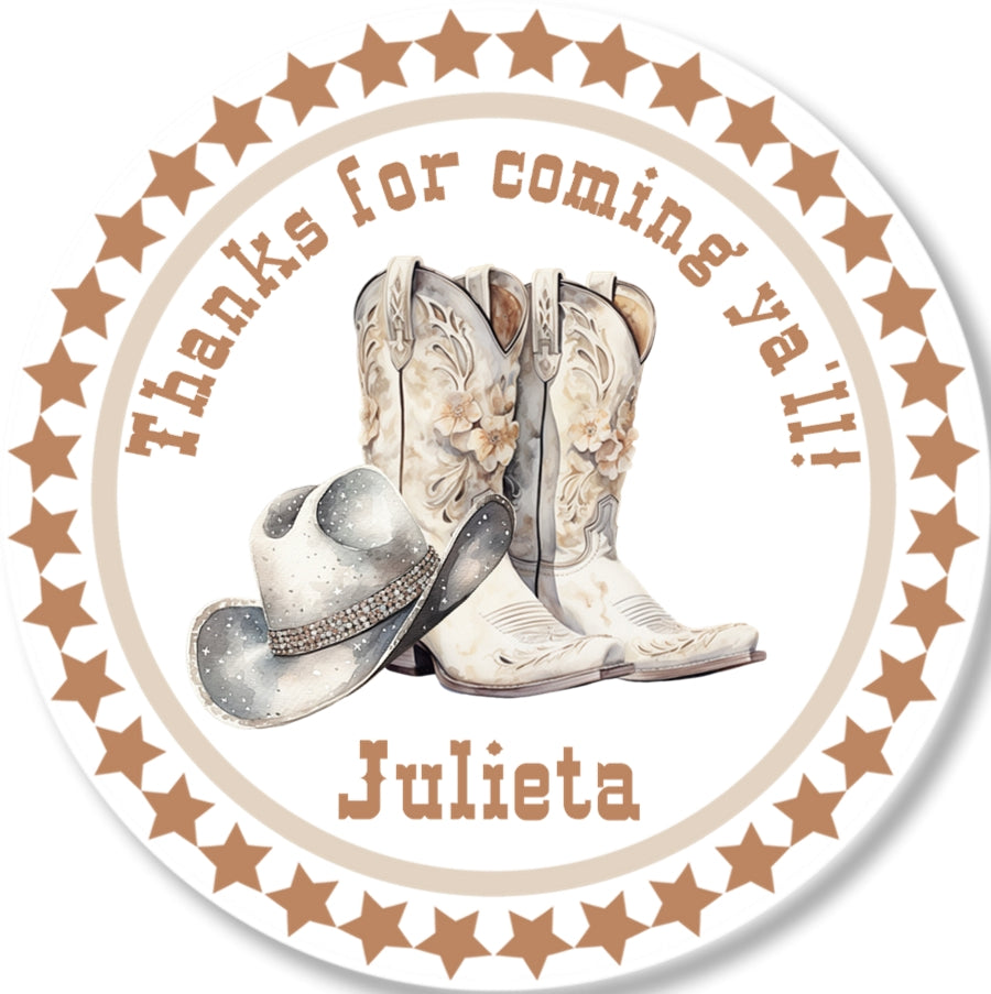 western party sticker with boots hat and rustic star frame