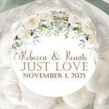 white floral wedding sticker with greenery and just love wording