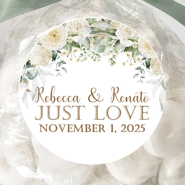 white floral wedding sticker with greenery and just love wording