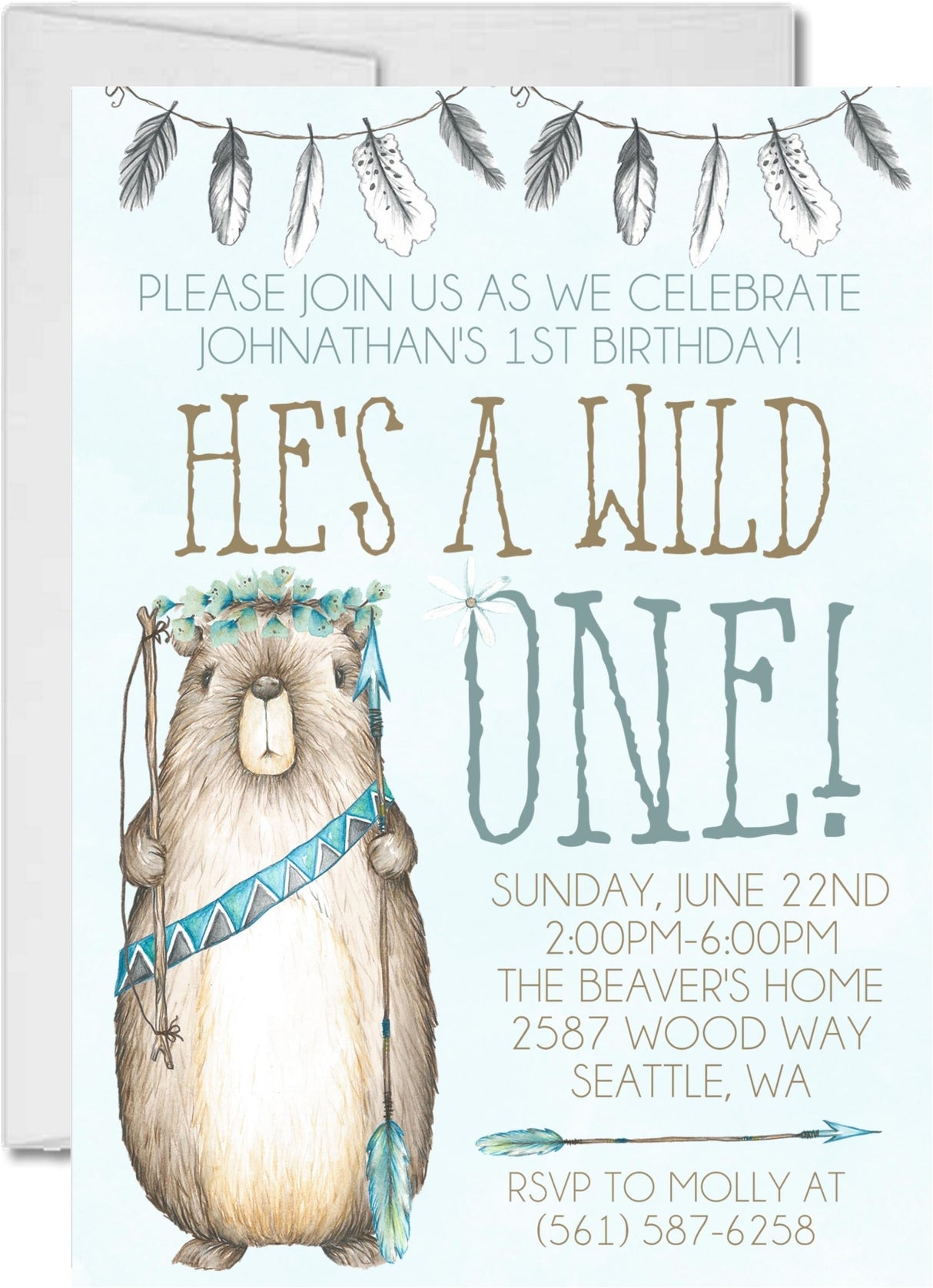 wild one beaver invitations watercolor blue tribal theme