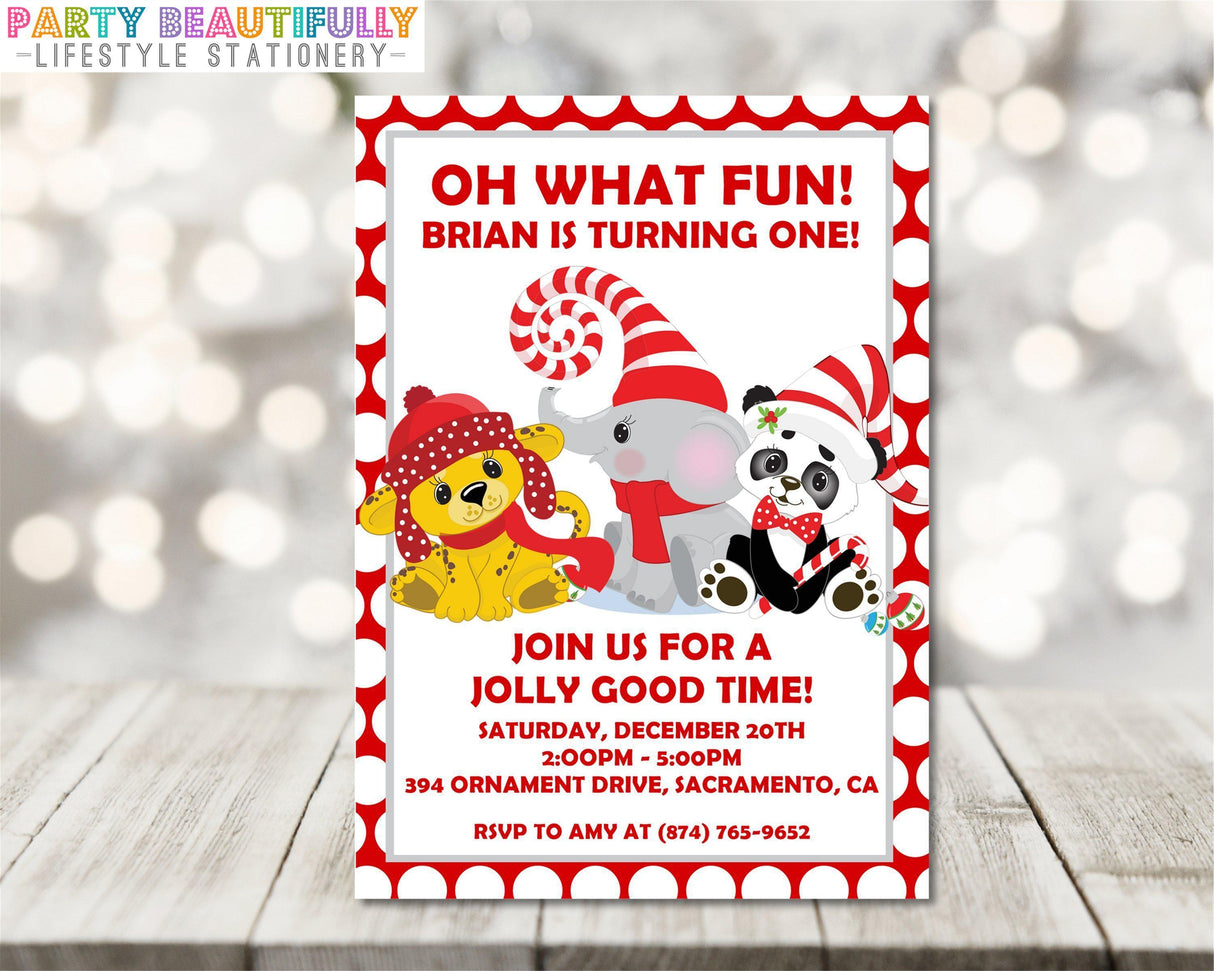 winter animal birthday invitations candy cane holiday theme