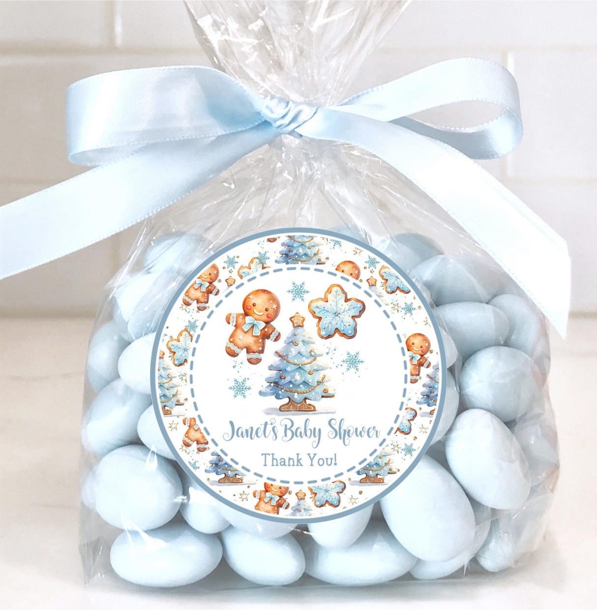 winter baby shower favor label in blue theme