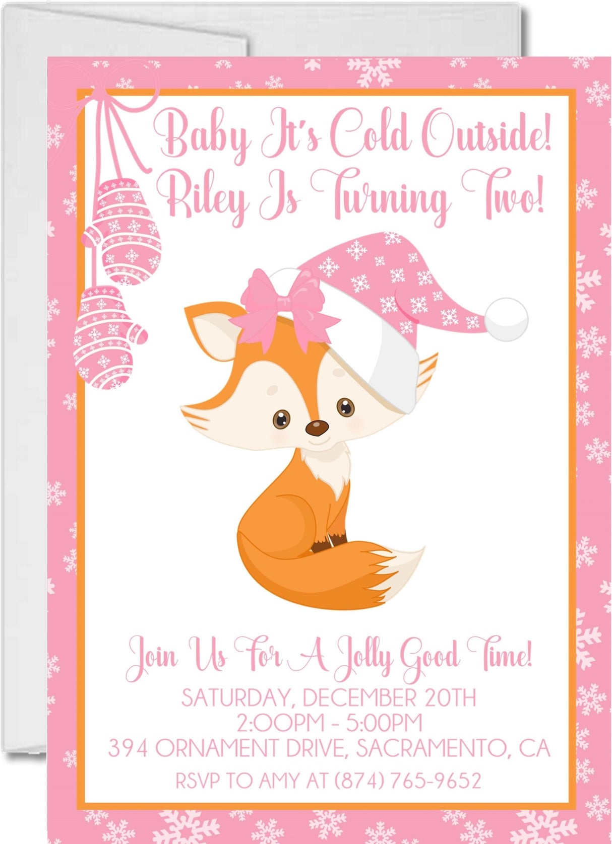 winter fox birthday party invitations pink snowflake design