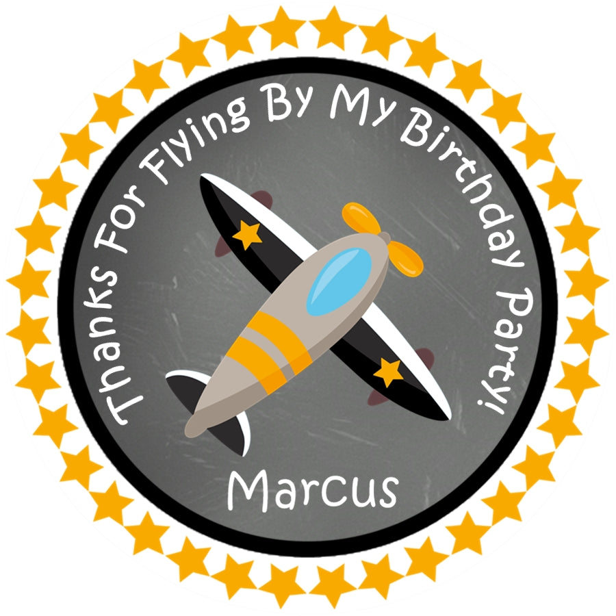 yellow black airplane birthday sticker with bold star border