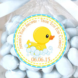 yellow duck baby shower sticker with blue accents and bubbles
