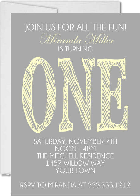 yellow modern one birthday invitations gray pastel theme