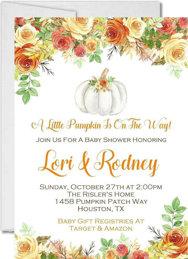 yellow orange little pumpkin baby shower invitations white pumpkin floral design