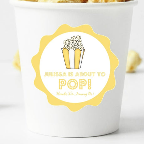 yellow popcorn baby shower sticker with about to pop design