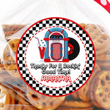 1950s jukebox party sticker with milkshake and custom name