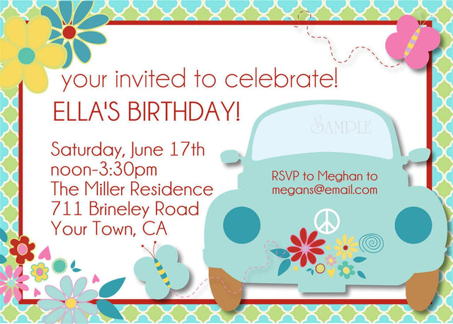 hippie birthday party invitations retro van flower design