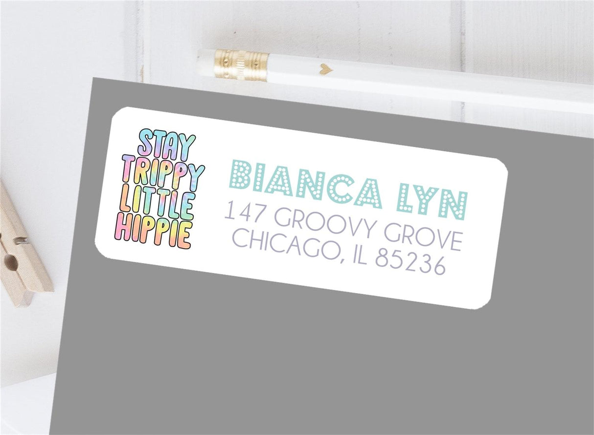 1970s hippie address labels with colorful peace sign artwork