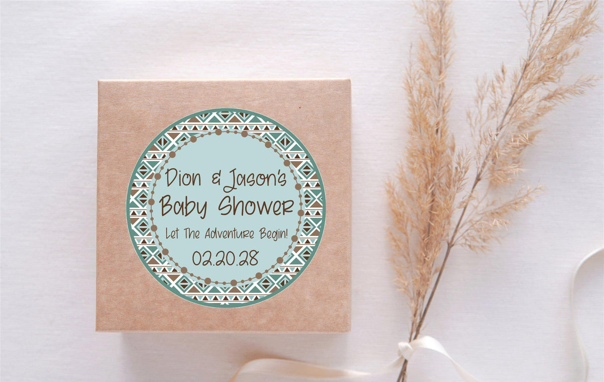 Boys Tribal Baby Shower Stickers Or Favor Adventure baby shower label with modern tribal design