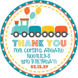 All aboard teal and orange train birthday sticker