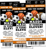 All sports birthday ticket invitation customized with party details and admission ticket design